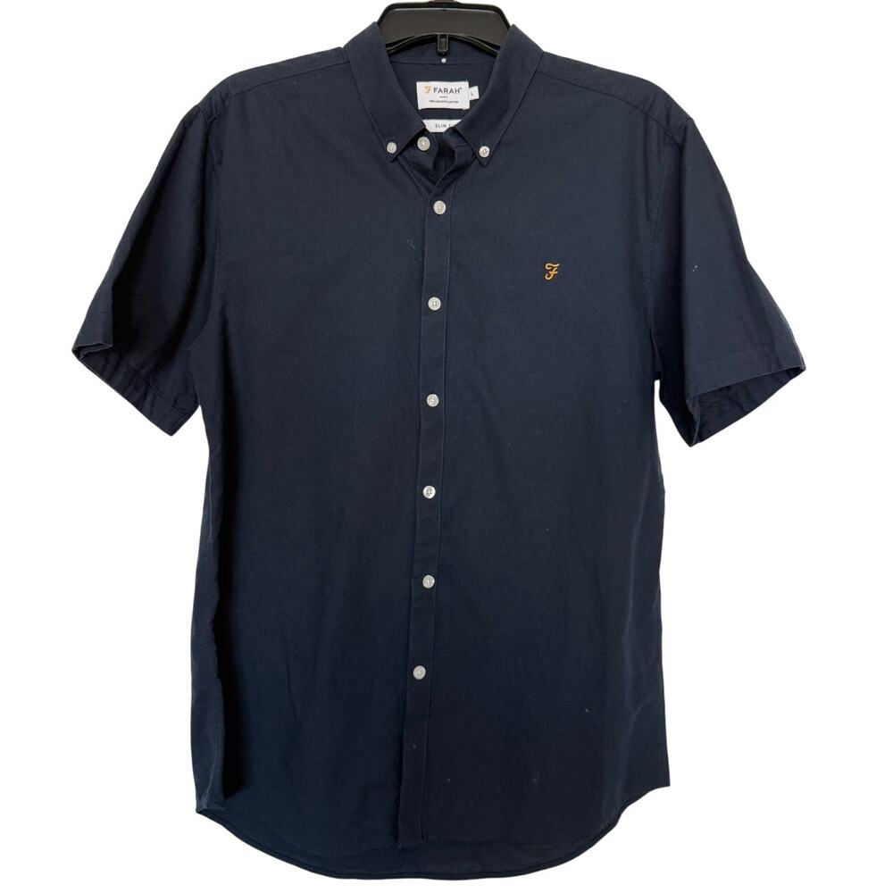Farah Mens L Navy Blue Slim Fit Short Sleeve 100% Organic Cotton Shirt Logo
